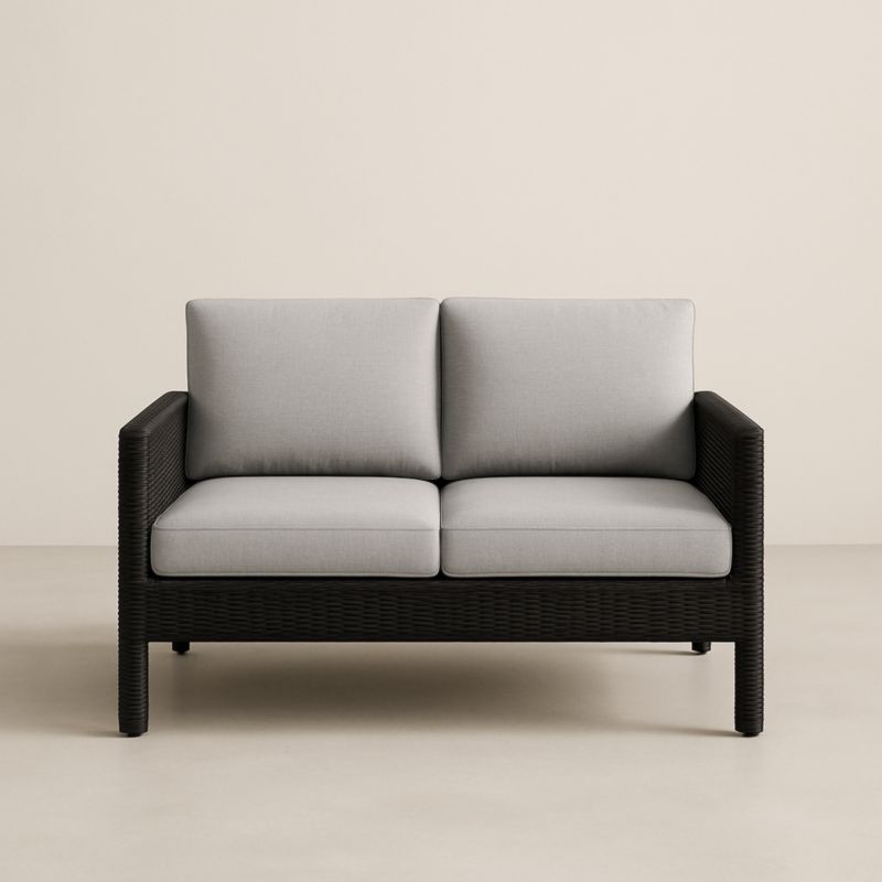 Divano Due Posti in Rattan Nero con Cuscini in Poliestere Grigi