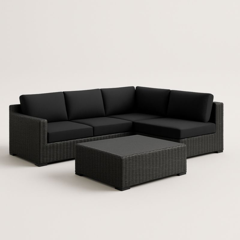 Divano angolare in rattan sintetico nero con cuscini imbottiti