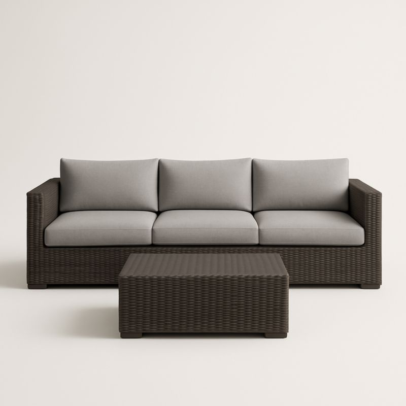 Divano in Rattan Marrone con Cuscini Grigi