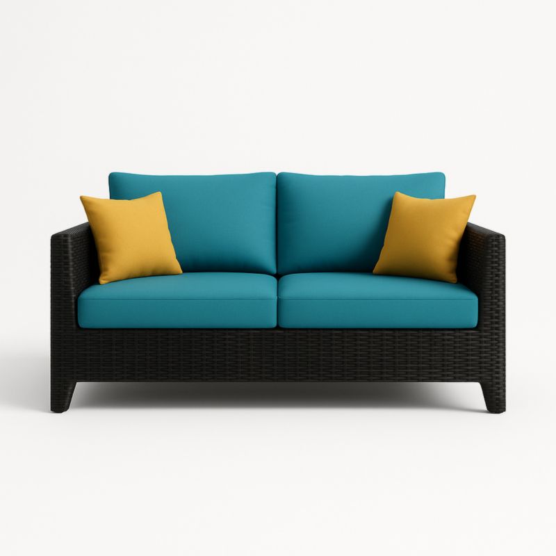 Divano 2 posti in rattan nero con cuscini blu e gialli