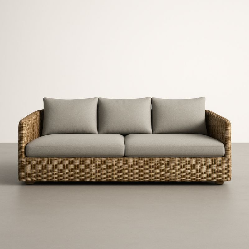 Divano in rattan a 3 posti con cuscini in poliestere Grigio Naturale