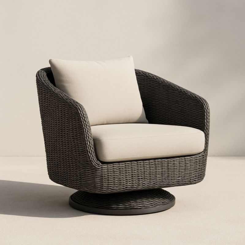 Poltrona Girevole in Rattan Sintetico Grigio con Cuscini in Poliestere Beige