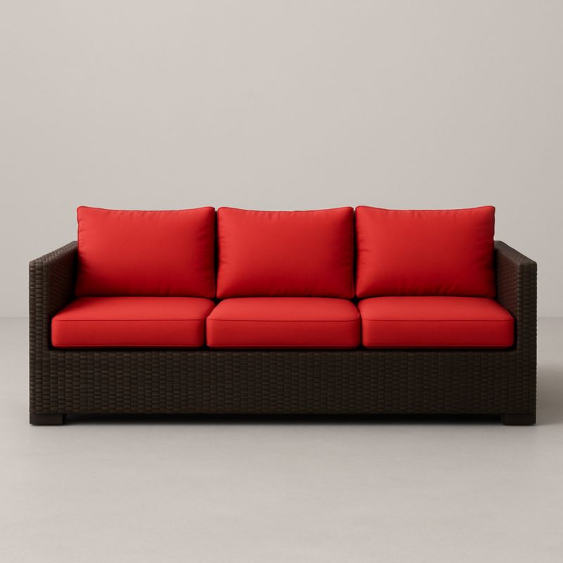 Divano a Tre Posti in Rattan Sintetico con Cuscini Rossi