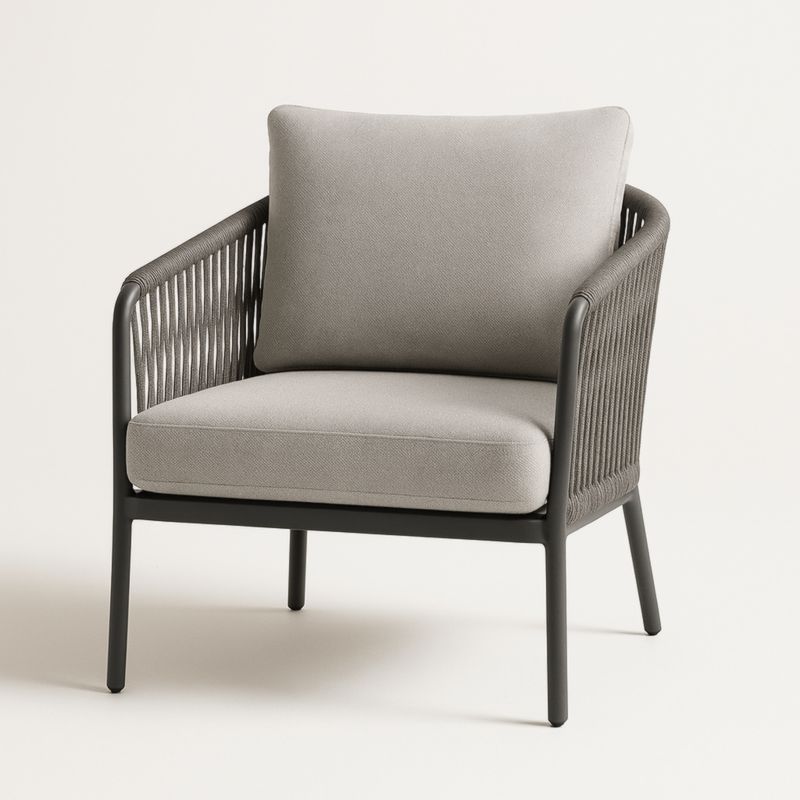 Poltrona in Alluminio con Schienale in Corda Grigia e Cuscini in Tessuto