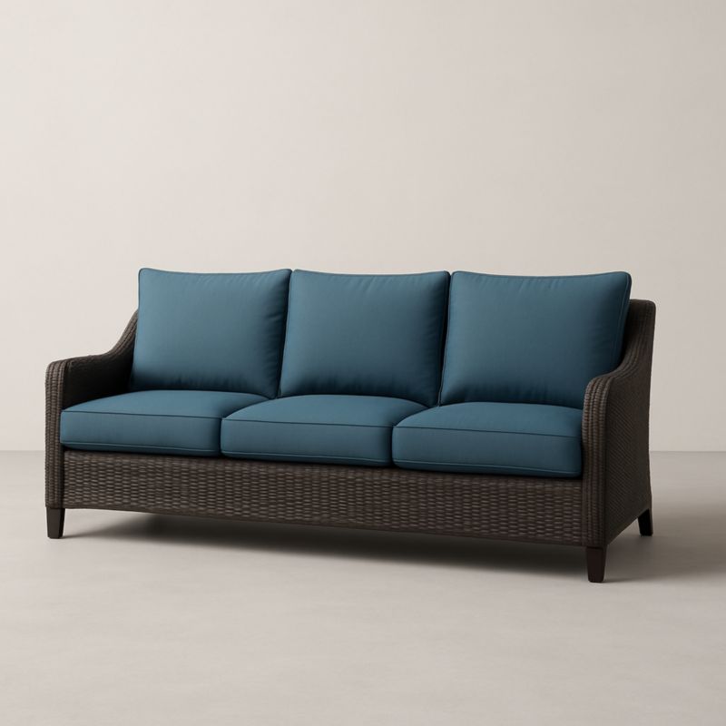 Divano a tre posti in rattan marrone con cuscini blu