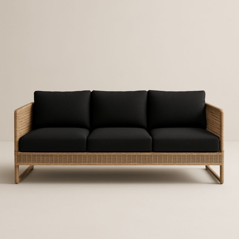 Divano a Tre Posti Rattan Cuscini Neri