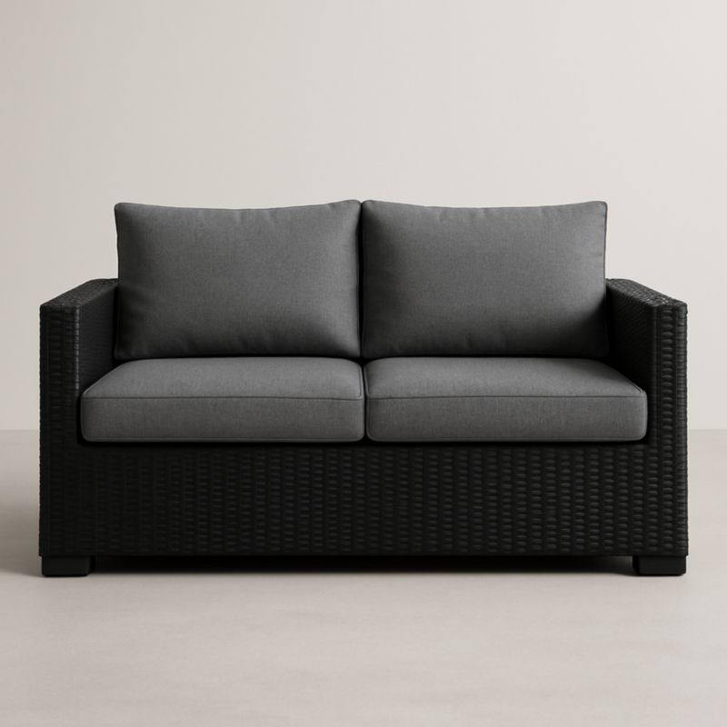 Divano a 2 posti in rattan nero e tessuto poliestere grigio