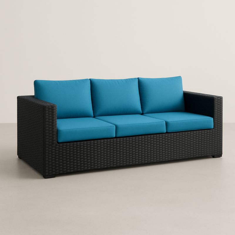 Divano per Esterni 3 Posti Rattan Sintetico Nero Cuscini Blu