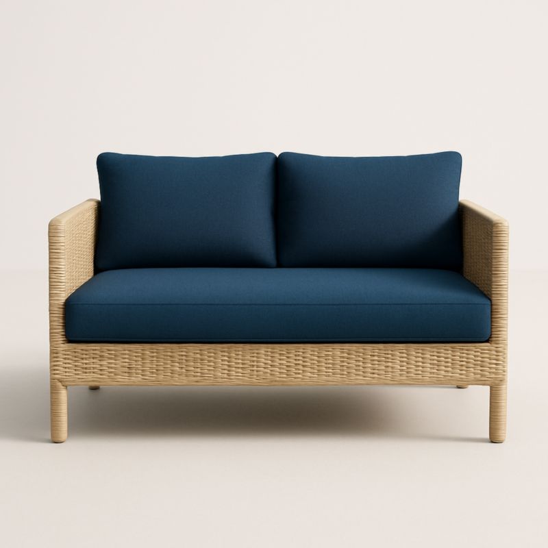 Divano a Due Posti Rattan Sintetico Beige con Cuscini Blu