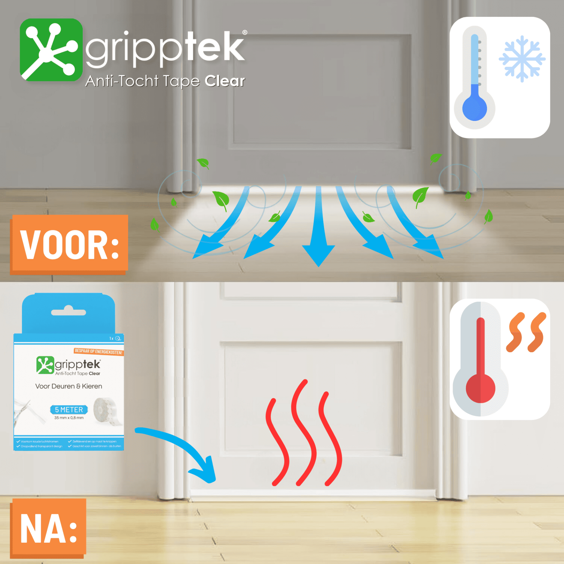 GrippTek® Anti-Tocht Tape Clear - Voor Deuren & Kieren