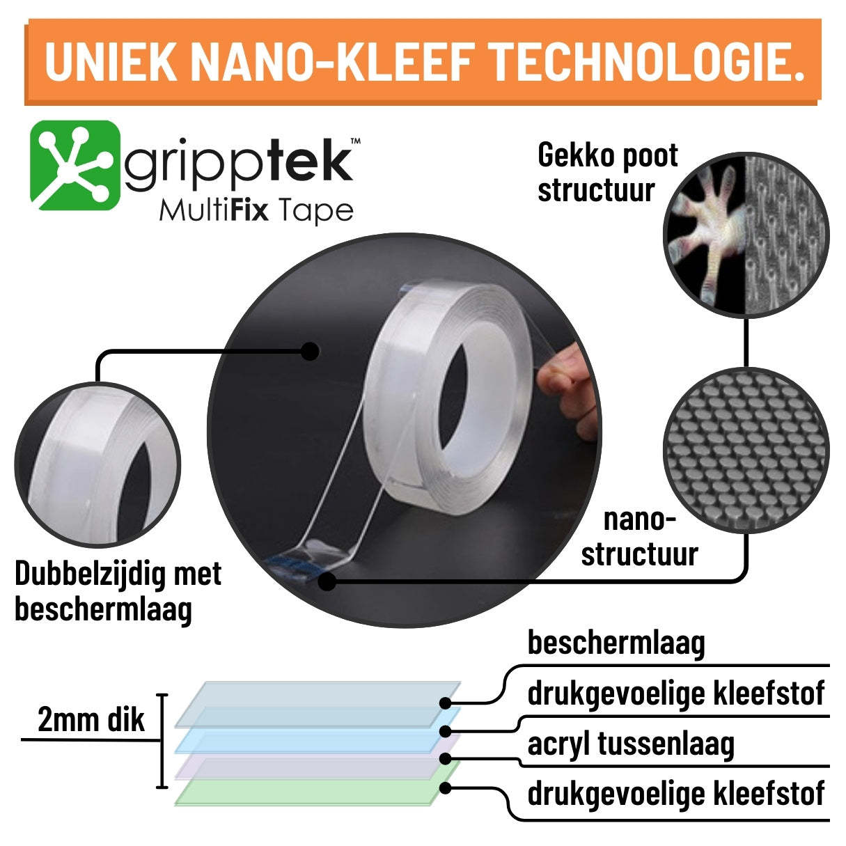 GrippTek® MultiFix Tape Original 2.0 - Dubbelzijdig & Herbruikbaar
