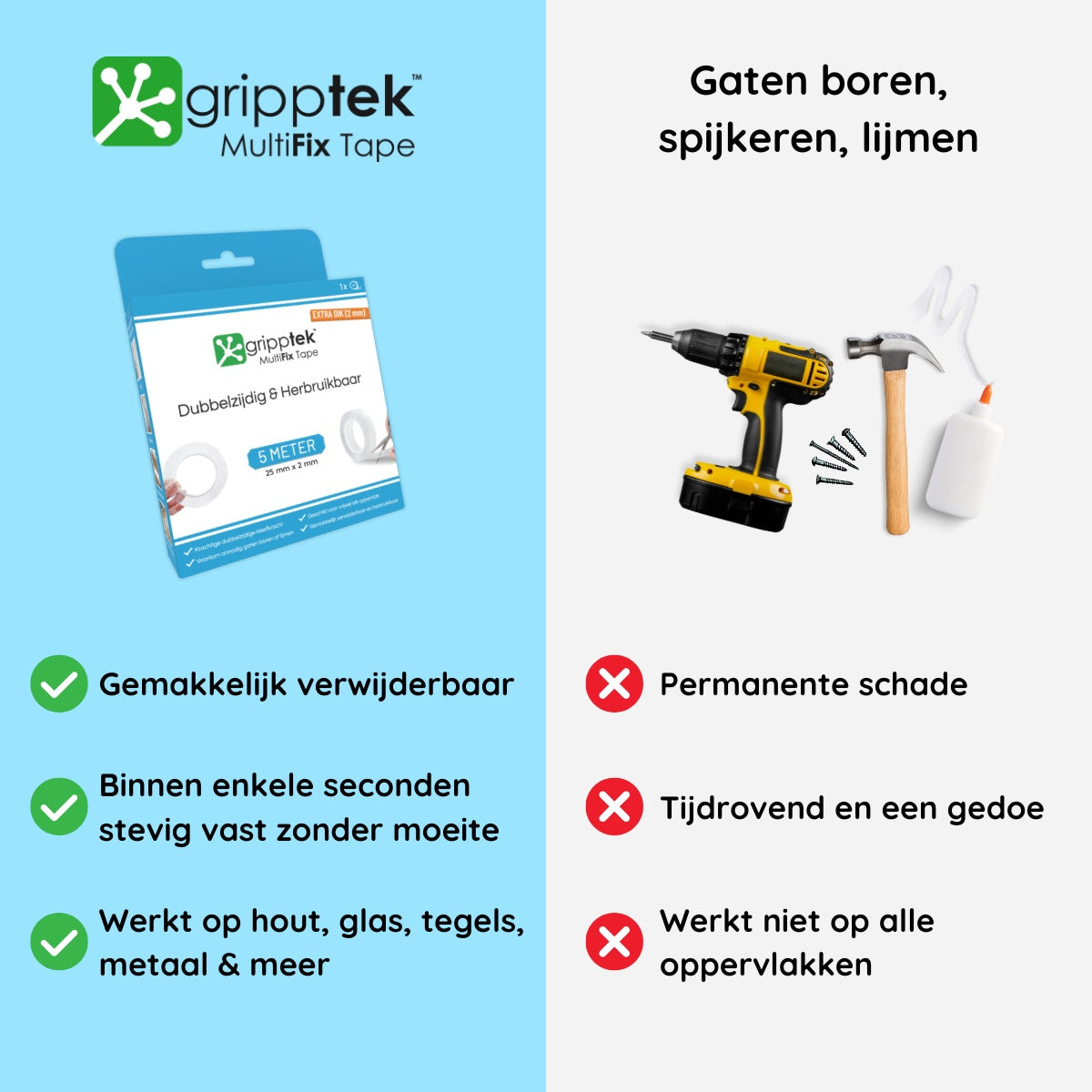 GrippTek® MultiFix Tape Original 2.0 - Dubbelzijdig & Herbruikbaar