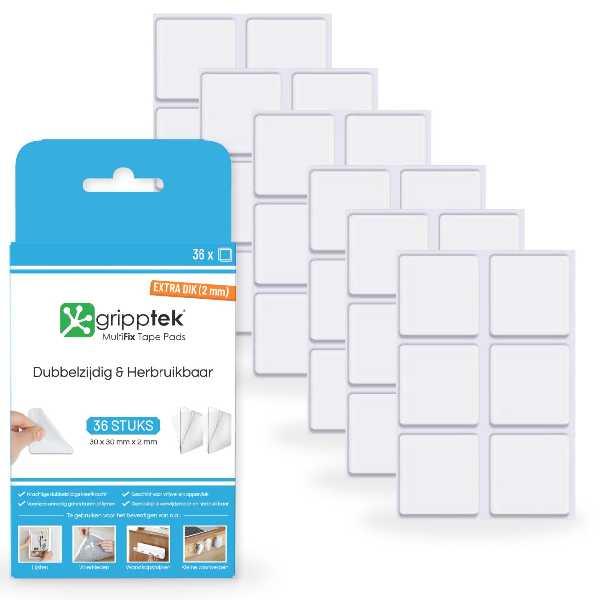 36 stuks - GrippTek® MultiFix Tape Pads - Dubbelzijdig & Herbruikbaar