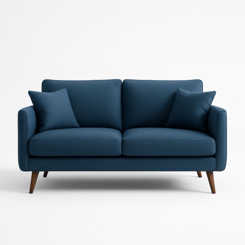 Divano in tessuto poliestere blu con gambe in legno