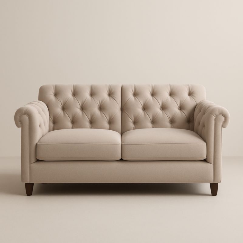Divano 2 posti in tessuto beige con braccioli e schienale trapuntato