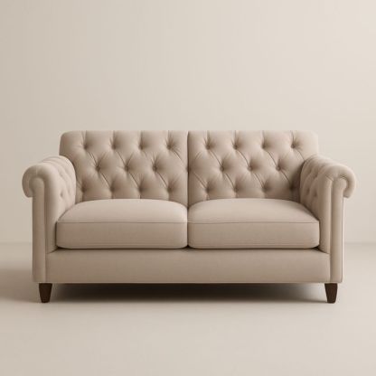 Divano 2 posti in tessuto beige con braccioli e schienale trapuntato