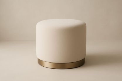 Pouf rotondo in tessuto poliestere crema con base in acciaio