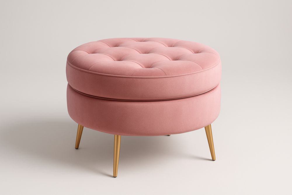Poggiapiedi rotondo in velluto rosa con gambe in acciaio
