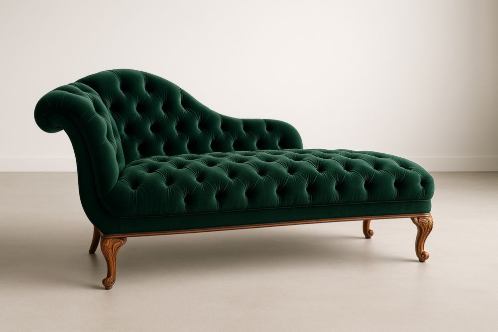 Chaise Longue in Velluto Verde con Struttura in Legno