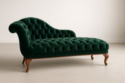 Chaise Longue in Velluto Verde con Struttura in Legno