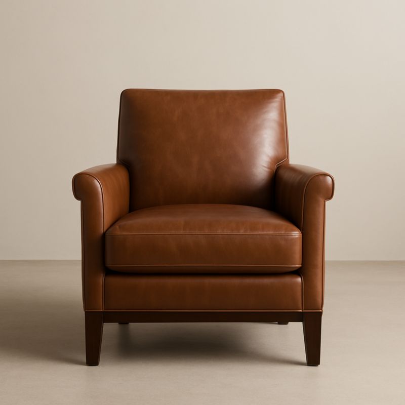 Poltrona in Pelle Marrone con Gambe in Legno