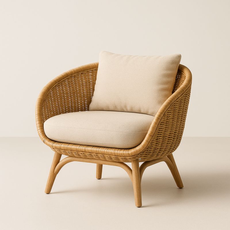 Poltrona in Rattan Sintetico con Cuscino in Poliestere Beige