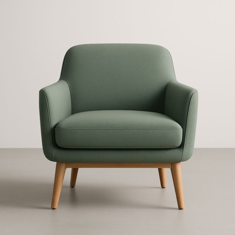 Poltrona in tessuto poliestere verde con gambe in legno massello