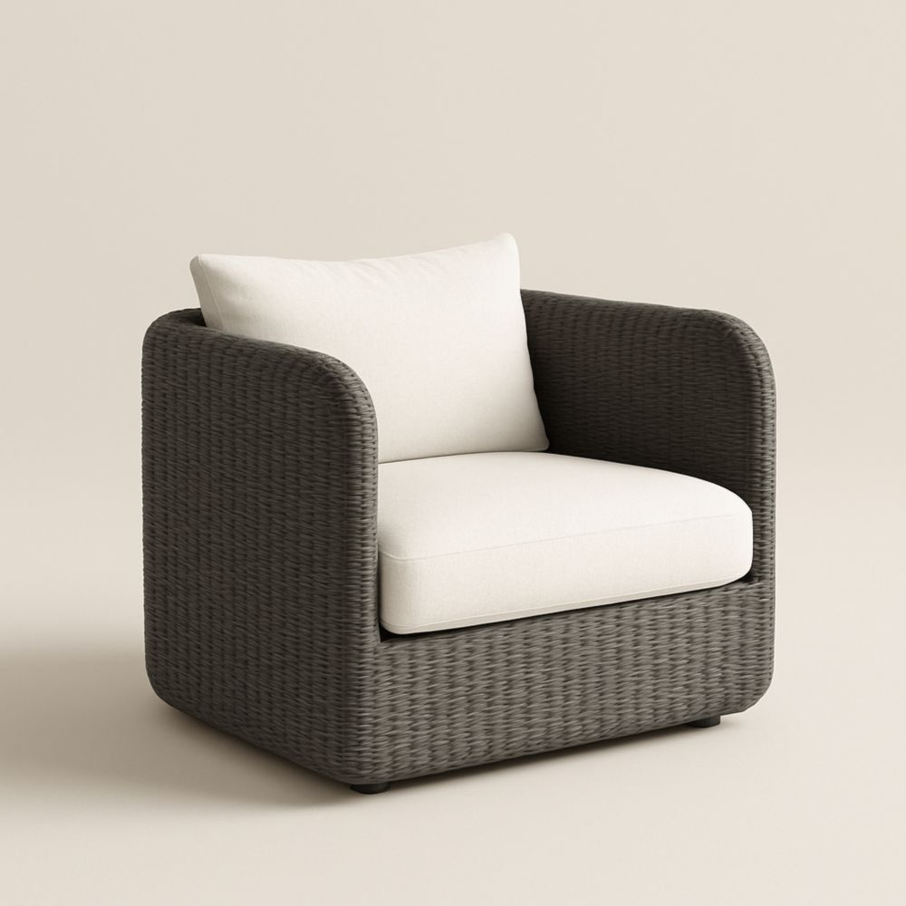 Fauteuil en rotin synthétique avec coussins en polyester Gris foncé/Blanc crème