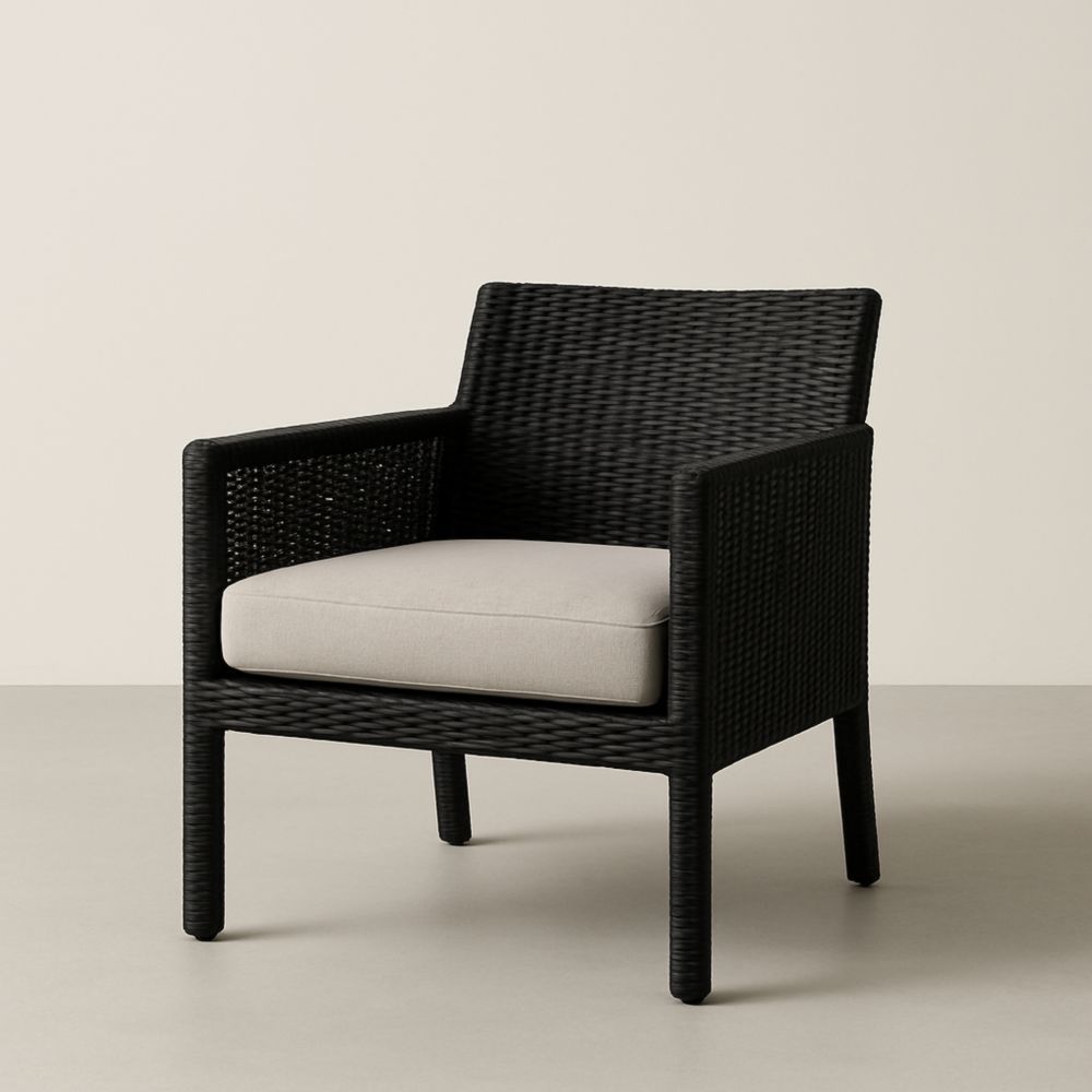 Fauteuil en Résine Tressée et Cadre en Aluminium avec Coussin en Polyester Noir/Beige