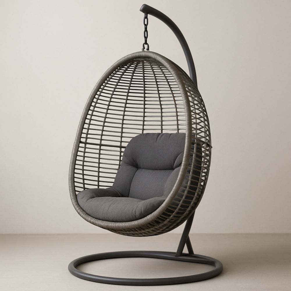 Fauteuil suspendu en résine tressée avec coussin gris