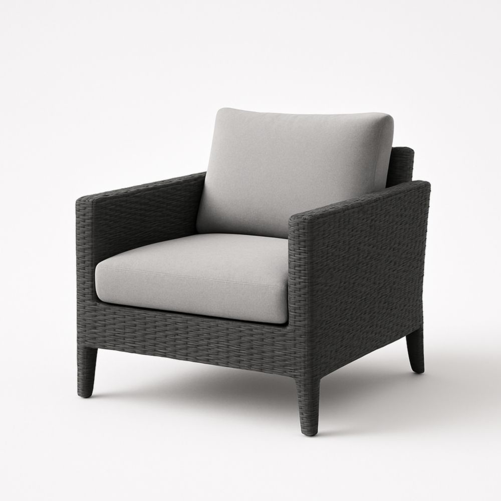 Fauteuil extérieur en rotin synthétique avec coussins gris