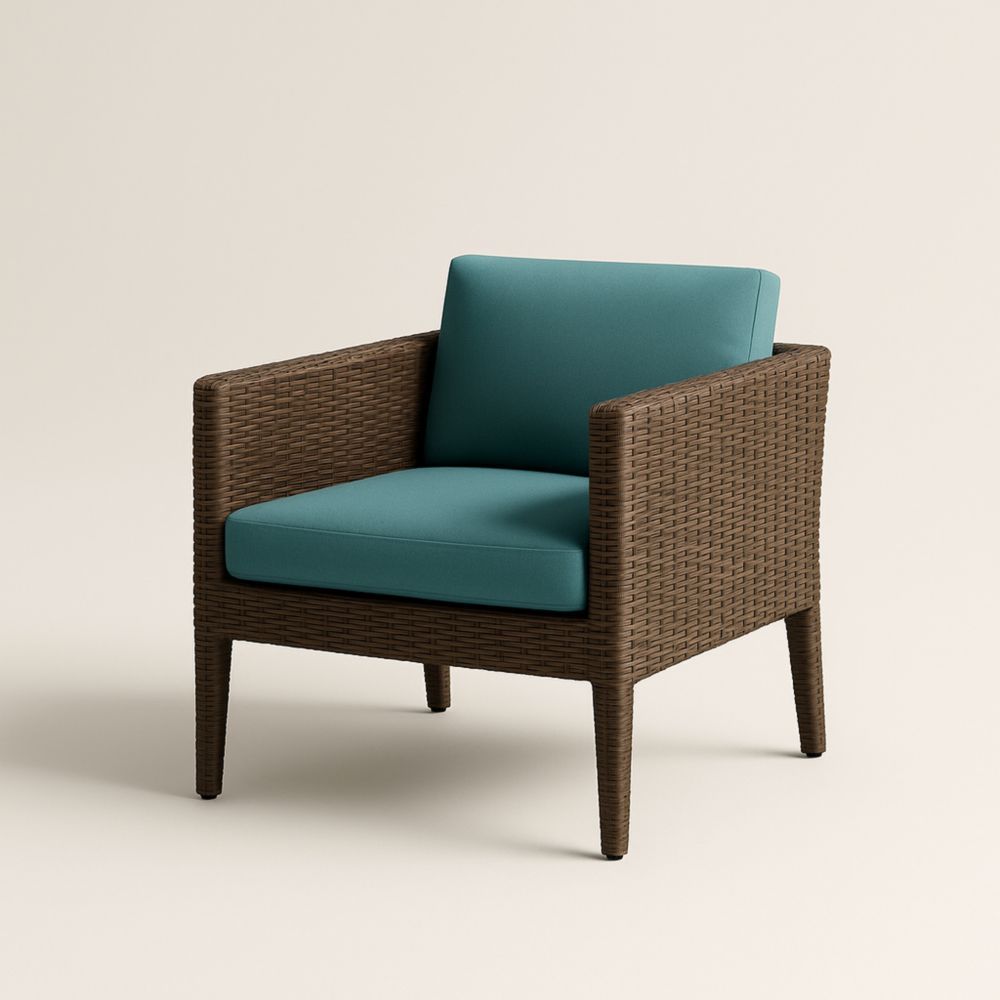 Fauteuil d'extérieur en rotin marron avec coussins en polyester bleu sarcelle