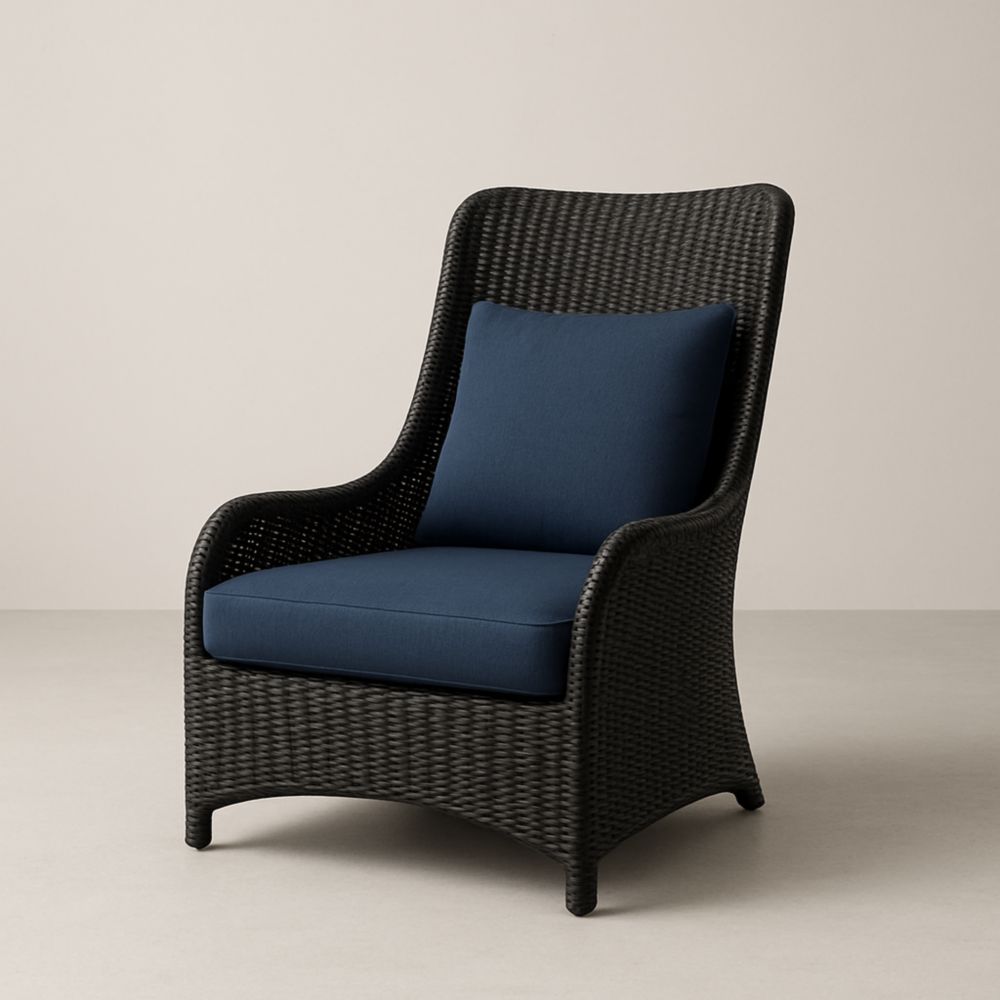 Fauteuil en résine tressée avec coussin bleu foncé