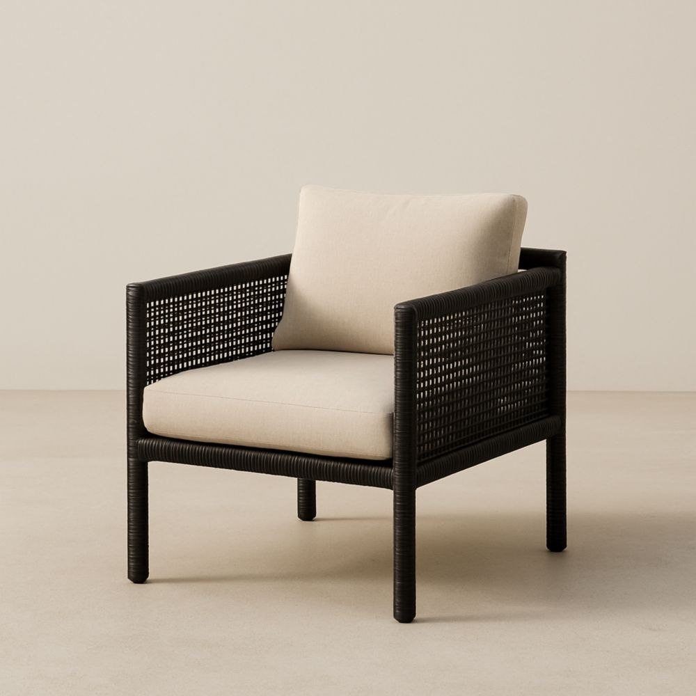 Fauteuil en Résine Tressée Noir avec Coussin Beige