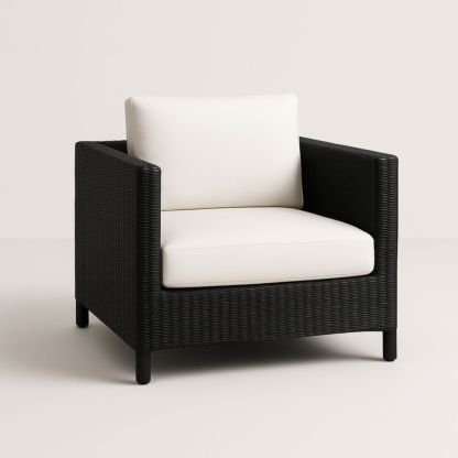 Fauteuil en Résine Tressée Noir avec Coussins Blancs