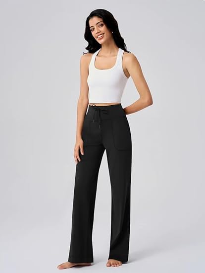 Yoga Pants Women Wide Leg Bottoms with Pockets High Waist Stretch Soft Casual Pants