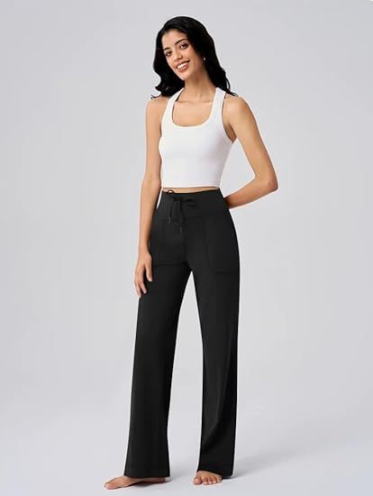 Yoga Pants Women Wide Leg Bottoms with Pockets High Waist Stretch Soft Casual Pants