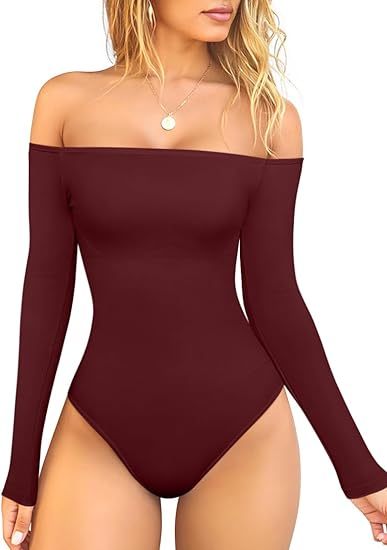 Bodysuits Womens Off-Shoulder Long Sleeve Seamless Shapewear Tops