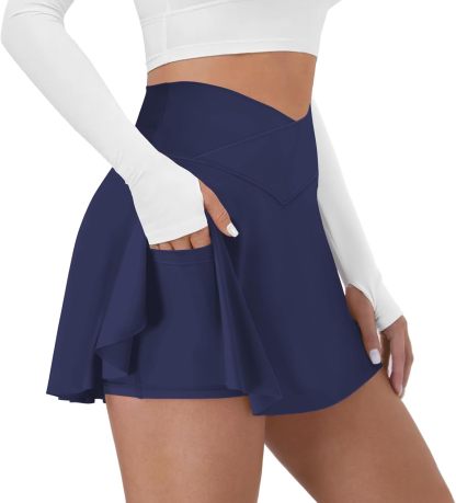 Tennis Skirt for Women with Pockets Shorts Crossover High Waisted Athletic Golf Skorts Running Workout Skirts 2 in 1