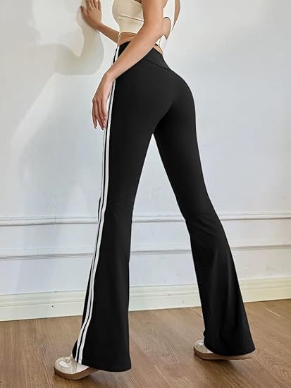 Yoga Pants Women High Waist Stripes Soft Casual Stretch Flared Bottoms Trousers