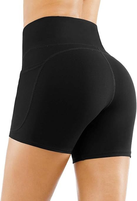 High Waist Yoga Shorts for Women's Tummy Control Fitness Athletic Workout Running Shorts with Deep Pockets