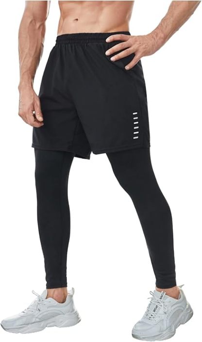 Men's 2 in 1 Sports Pants Compression Athletic Workout Sweatpants Shorts Leggings with Pocket