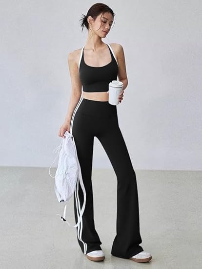 Yoga Pants Women High Waist Stripes Soft Casual Stretch Flared Bottoms Trousers