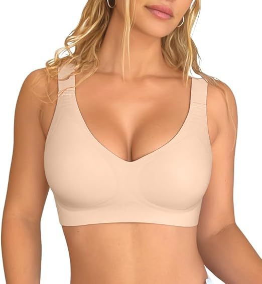 Womens Seamless Everyday Bra No Underwire Comfort Push Up Bras V Neck Soft Wireless Bralette Full Coverage Sport Bra