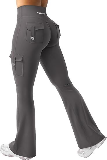 CoreFlex Women Workout Flare Leggings with Pockets Hidden Scrunch High Waisted Cargo Gym Yoga No Front Seam Leggings