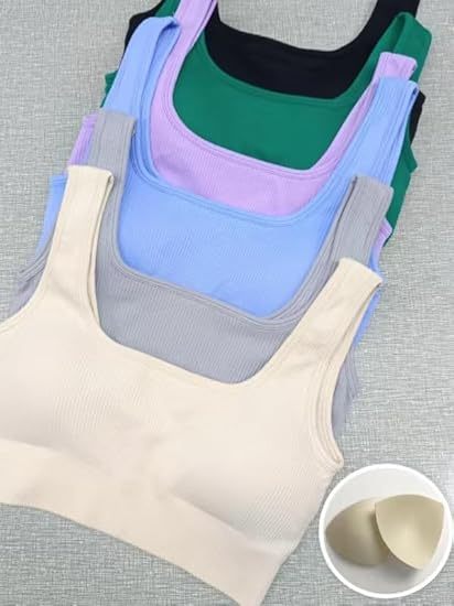 Women's 3 Piece Medium Support Tank Top Ribbed Seamless Removable Cups Workout Exercise Sport Bra