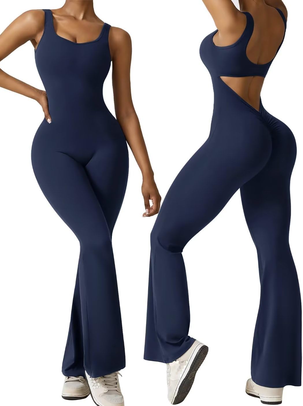  Sleeveless Flare Jumpsuits for Women Sexy Backless Bodycon V Back Scrunch Butt Yoga Rompers Seamless Workout Bodysuit