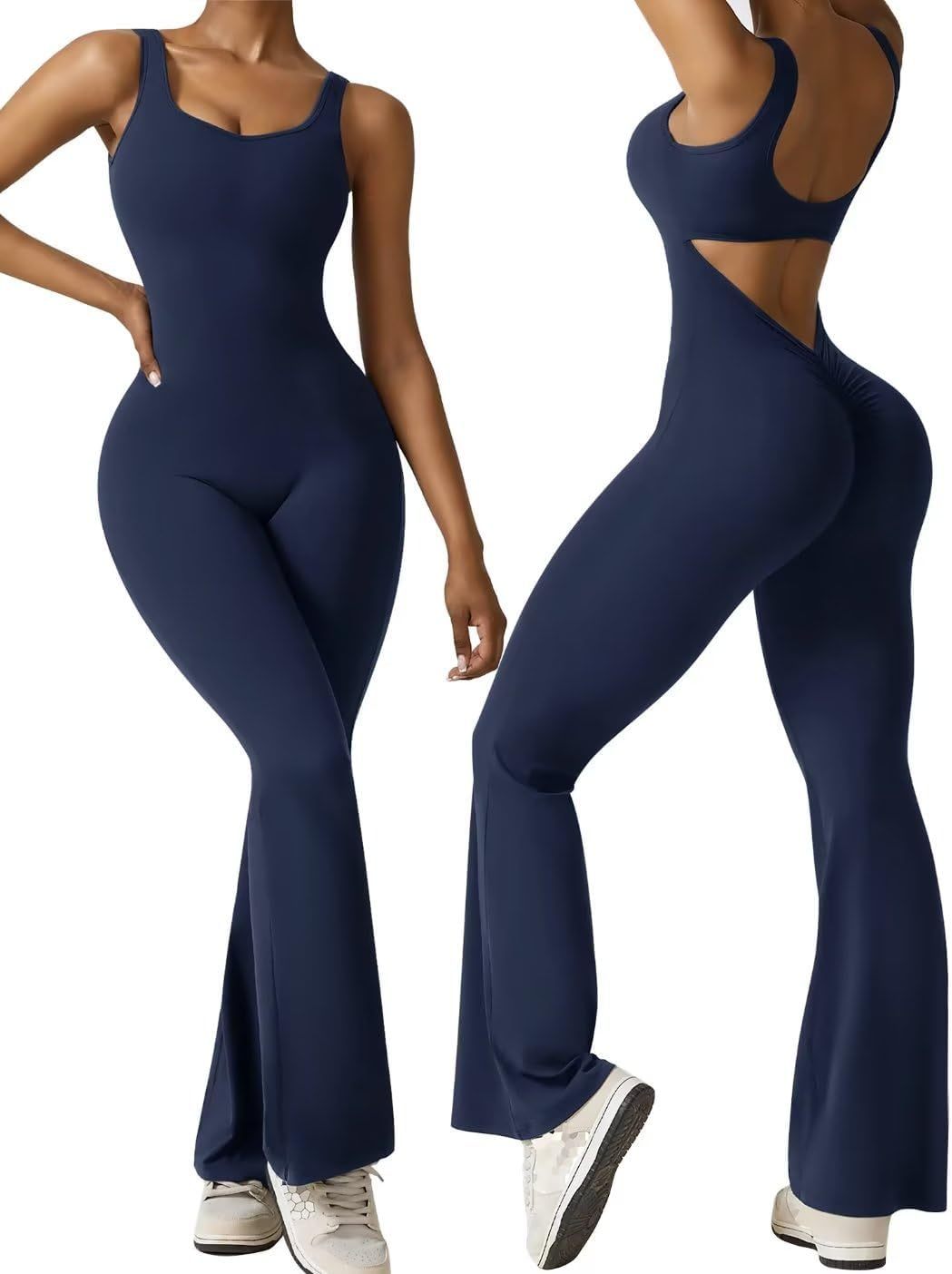  Sleeveless Flare Jumpsuits for Women Sexy Backless Bodycon V Back Scrunch Butt Yoga Rompers Seamless Workout Bodysuit