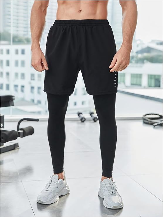 Men's 2 in 1 Sports Pants Compression Athletic Workout Sweatpants Shorts Leggings with Pocket