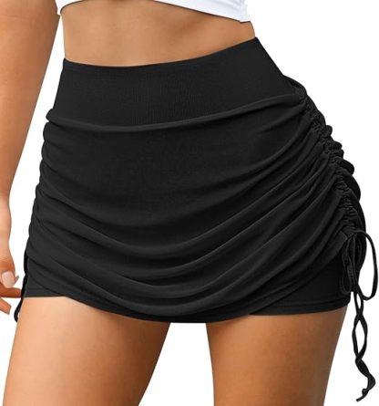 Women Tennis Skirts 2 in 1 Drawstring Mesh Ruched Athletic Skirts with Shorts High Waisted Gym Skort for Workout